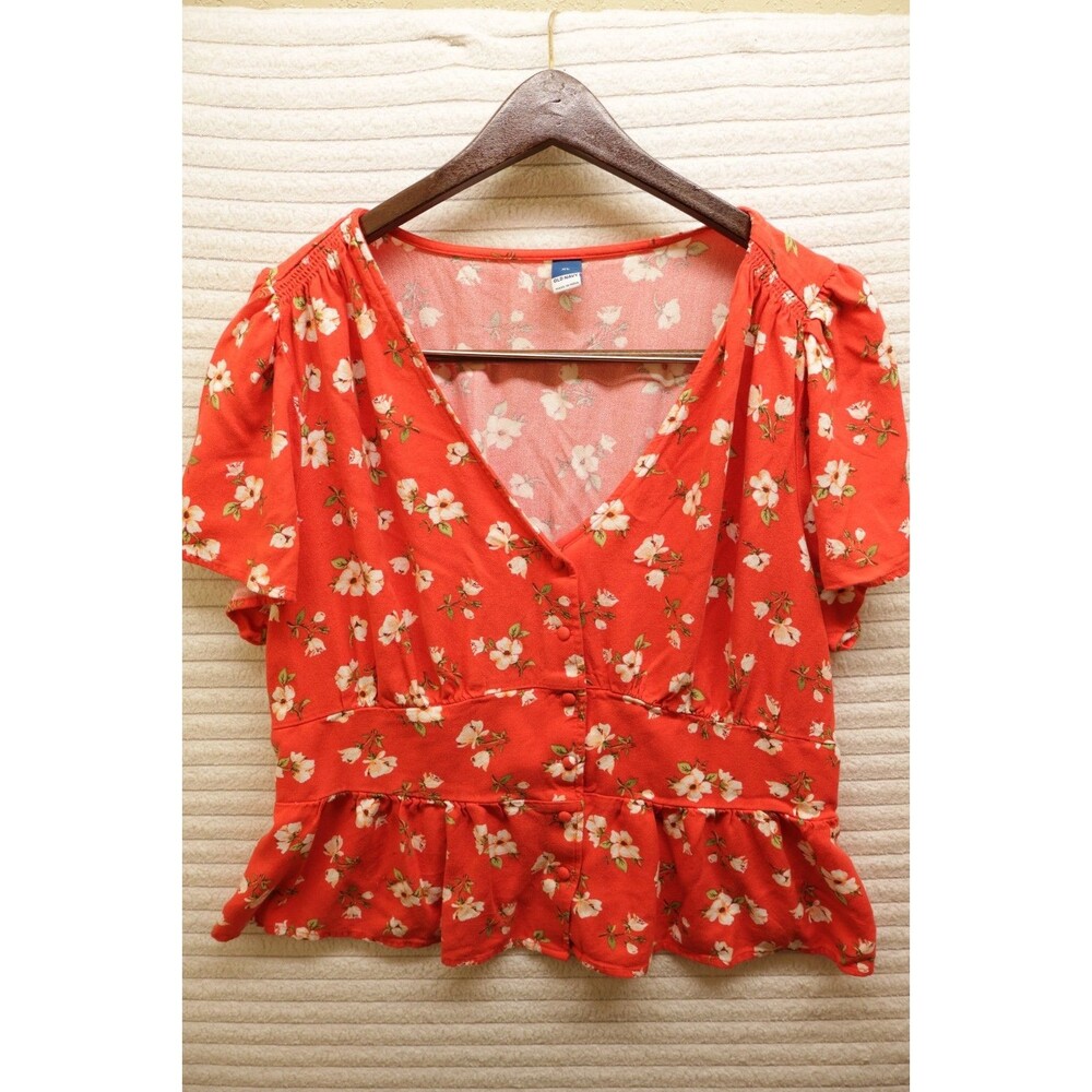 Old Navy Red Orange V Neck Size XL Floral Button Peplum Blouse Top Cottage Style